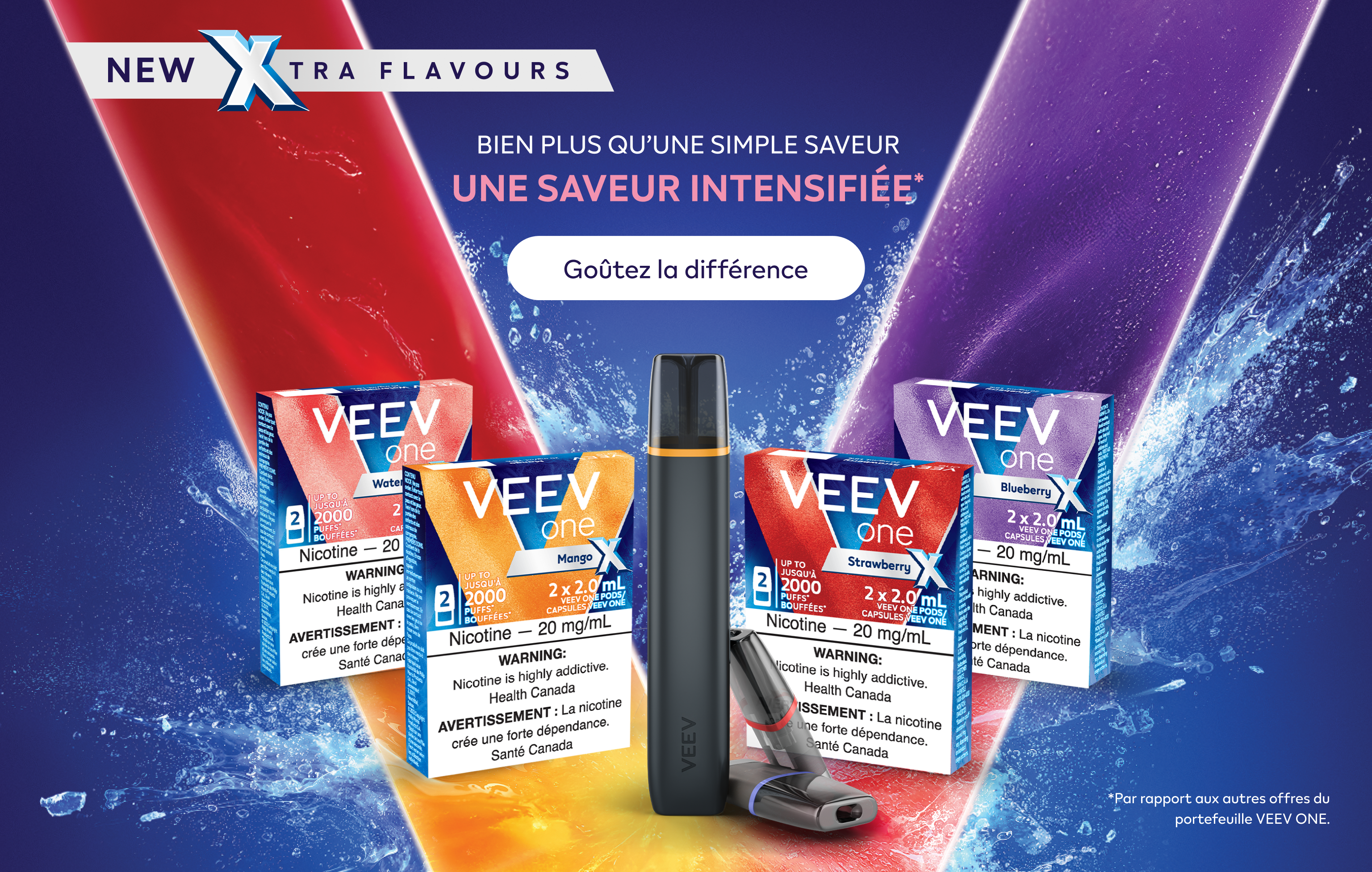 4 paquets de capsules VEEV ONE XTRA et un appareil VEEV ONE sur un fond coloré en V